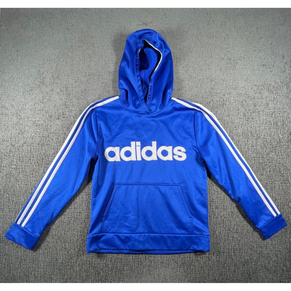 Adidas Boys Blue 3-Stripe Pullover Hoodie Sweatshirt Size Large 14/16